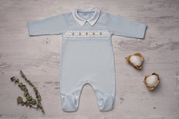 Baby Clothes Footed Jumpsuit in Blue with Smocked Details of Bears in Pima Cotton 