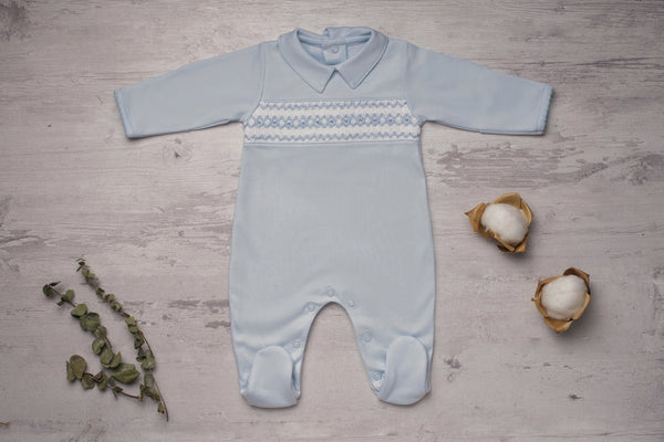 Baby Clothes Footed Jumpsuit in Blue with Smocked Details in Blue in Pima Cotton
