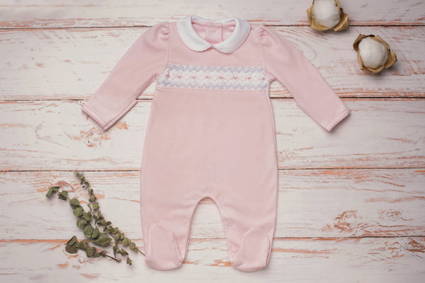 Baby Clothes Footed Jumpsuit in Pink with Smocked Details of Roses in Pima Cotton 