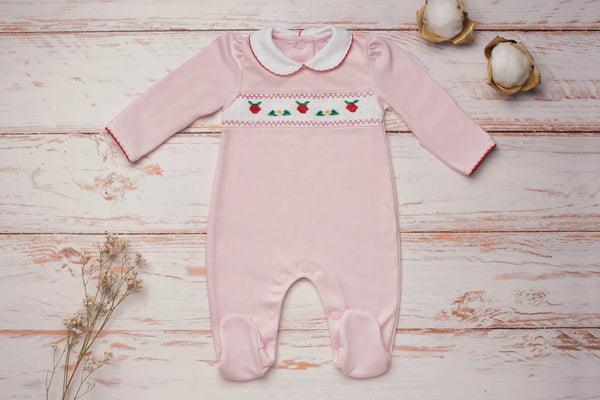 Baby Clothes Footed Jumpsuit in Pink with Smocked Details of Strawberry and Daisy in Pima Cotton