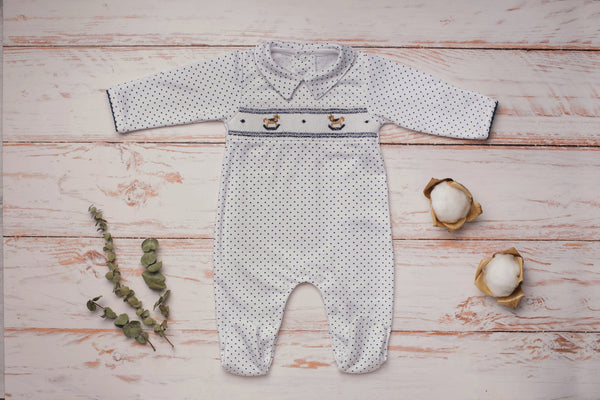 Baby Clothes Footed Jumpsuit in White and Navy Dots with Smocked Navy Details of Rocking Horses in Pima Cotton