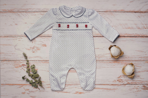 Baby Clothes Footed Jumpsuit in White and Navy Dots with Smocked Details of Roses and Bows in Pima Cotton