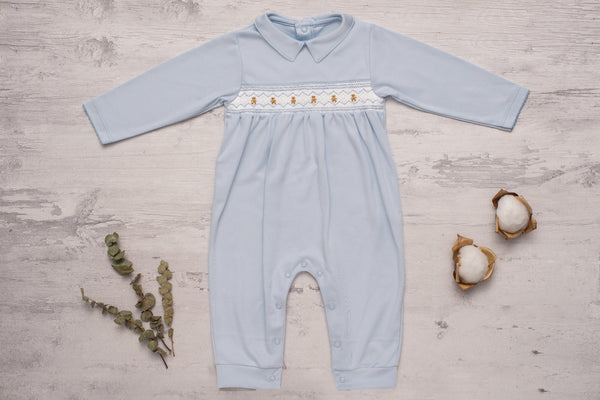 Baby Clothes Footless Jumpsuit in Blue with Smocked Details of Bears in Pima Cotton