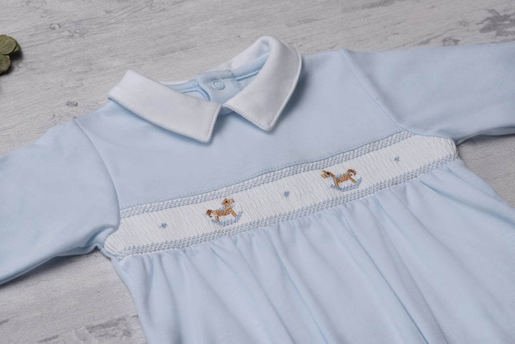 Baby Clothes Footless Jumpsuit in Blue with Blue Smocked Details of Rocking Horses in Pima Cotton