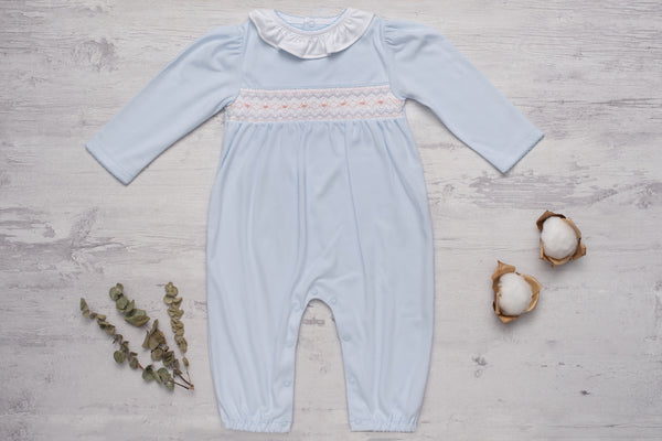 Baby Clothes Footeless Jumpsuit in Blue with Smocked Details of Roses in Pima Cotton