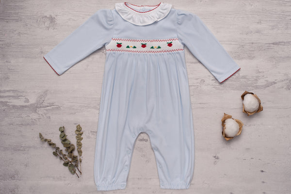 Baby Clothes Footless Jumpsuit in Blue with Smocked Details of Strawberry and Daisy in Pima Cotton
