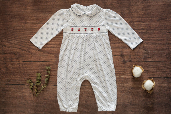 Baby Clothes Footless Jumpsuit in White and Navy Dots with Smocked Details of Roses and Bows in Pima Cotton