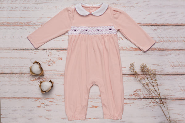 Baby Clothes Footless Jumpsuit in Pink with Smocked Details of Purple Bows in Pima Cotton