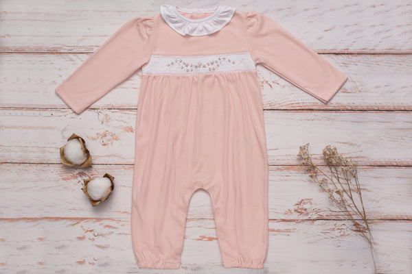Baby Clothes Footless Jumpsuit in Pink with Smocked Details of Pink Flowers in Pima Cotton