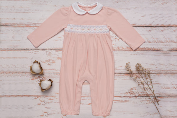 Baby Clothes Footless Jumpsuit in Pink with Smocked Details of Blue and Pink Roses in Pima Cotton