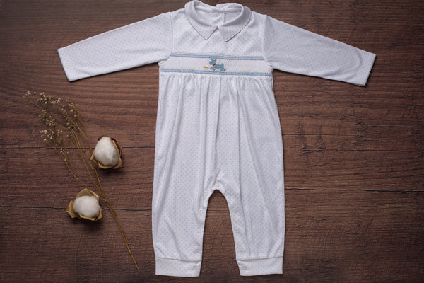 Baby Clothes Footless Jumpsuit in White and Blue Dots with Smocked Details of a Puppy in Pima Cotton