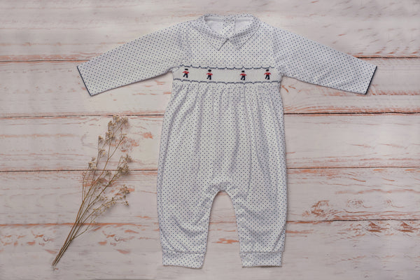 Baby Clothes Footless Jumpsuit in White with Navy Dots with Smocked Details of Toy Soldiers in Pima Cotton