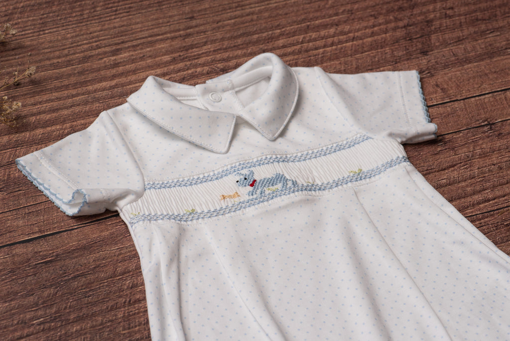 Baby Clothes Romper in White and Blue Dots with Smocked Details of a Puppy in Pima Cotton