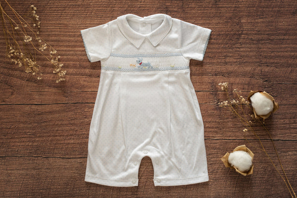 Baby Clothes Romper in White and Blue Dots with Smocked Details of a Puppy in Pima Cotton
