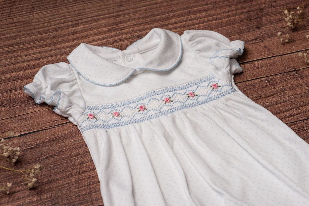 Baby Clothes Romper in White with Blue Dots with Smocked Details of Pink Roses in Pima Cotton