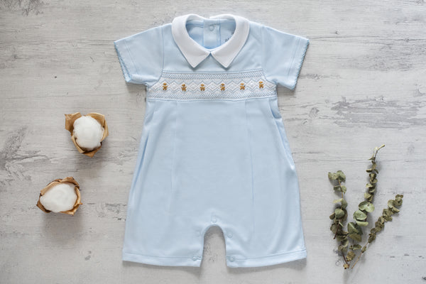 Baby Clothes Romper in Blue with Smocked Details of Bears in Pima Cotton