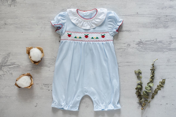 Baby Clothes Romper in Blue with Smocked Details of Strawberry and Daisy in Pima Cotton