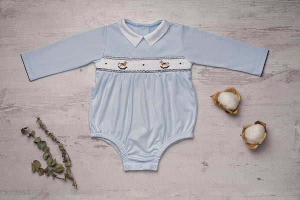 Baby Clothes Romper Bubble in Blue with Smocked Details of Horses in Pima Cotton 