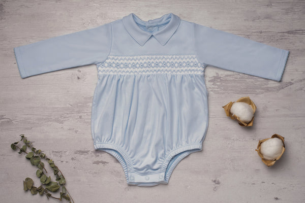 Baby Clothes Romper Bubble in Blue with Smocked Details in Blue in Pima Cotton