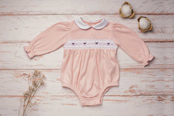 Baby Clothes Romper Bubble in Pink with Smocked Details of Purple Bows in Pima Cotton