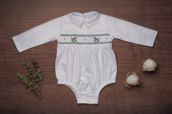 Baby Clothes Romper Bubble in White with Green Smocked Details of Rocking Horses in Pima Cotton