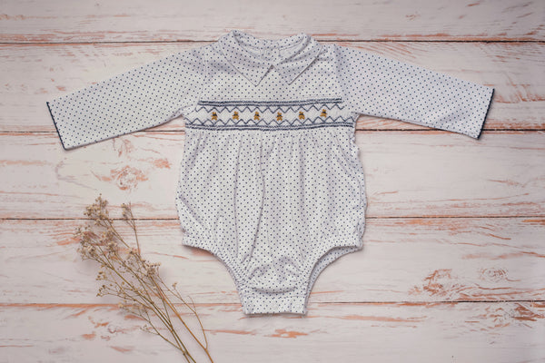 Baby Clothes Romper Bubble in Navy Dots with Smocked Details of Bears in Pima Cotton 