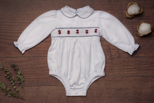 Baby Clothes Romper Bubble in White with Smocked Details of Roses and Bows in Pima Cotton