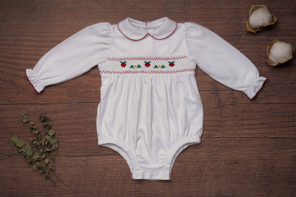 Baby Clothes Romper Bubble in White with Smocked Details of Strawberry and Daisy in Pima Cotton