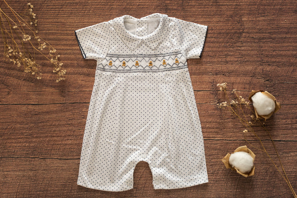 Baby Clothes Romper in Navy Dots with Smocked Details of Bears in Pima Cotton