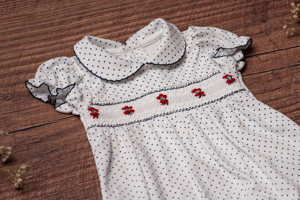 Baby Clothes Romper in White with Navy Dots with Smocked Details of Red Roses in Pima Cotton