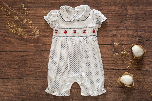 Baby Clothes Romper in White with Navy Dots with Smocked Details of Red Roses in Pima Cotton