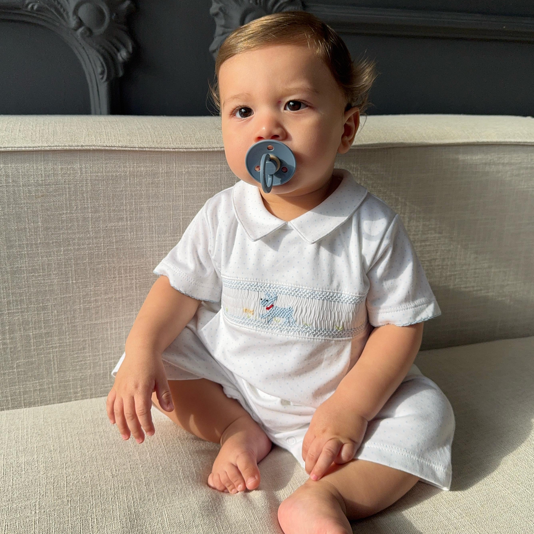 Puppy Smocked Baby Romper