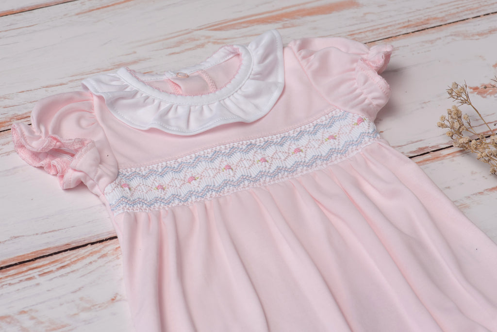 Baby Clothes Romper in Pink with Smocked Details of Blue and Pink Roses in Pima Cotton